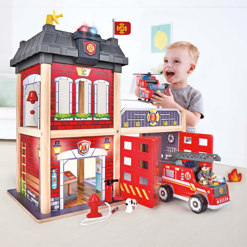 City Fire Station Dollhouse Wooden Playset