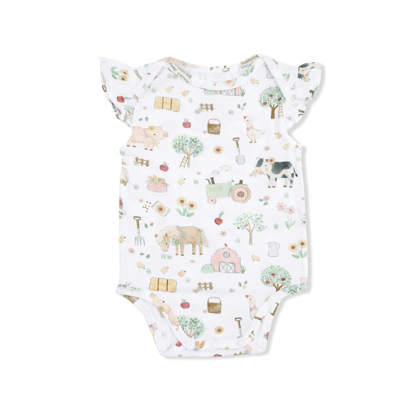 Cute Farm Animals Pink - Ruffle Sleeve Bodysuit