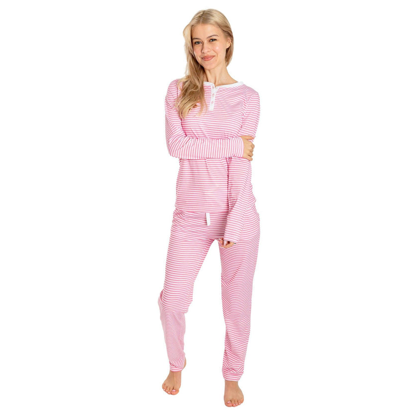 Women's Peony Jersey Long PJ Set - Pink Stripe Organic Stretch Cotton