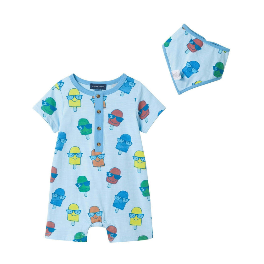 Infant Boys Henley Romper & Bib Set | Blue Ice-Pops