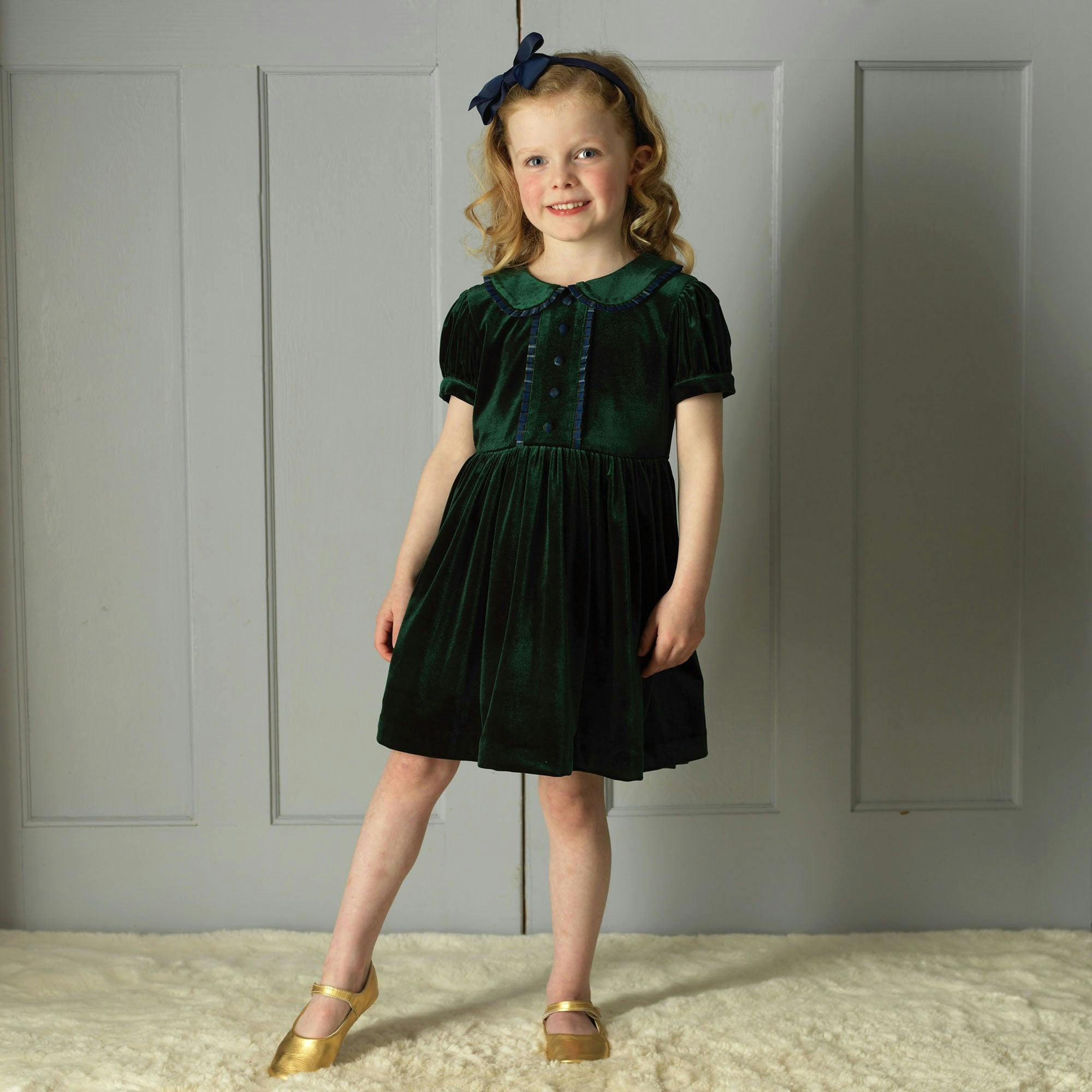 Green Velvet Tartan Trim Dress