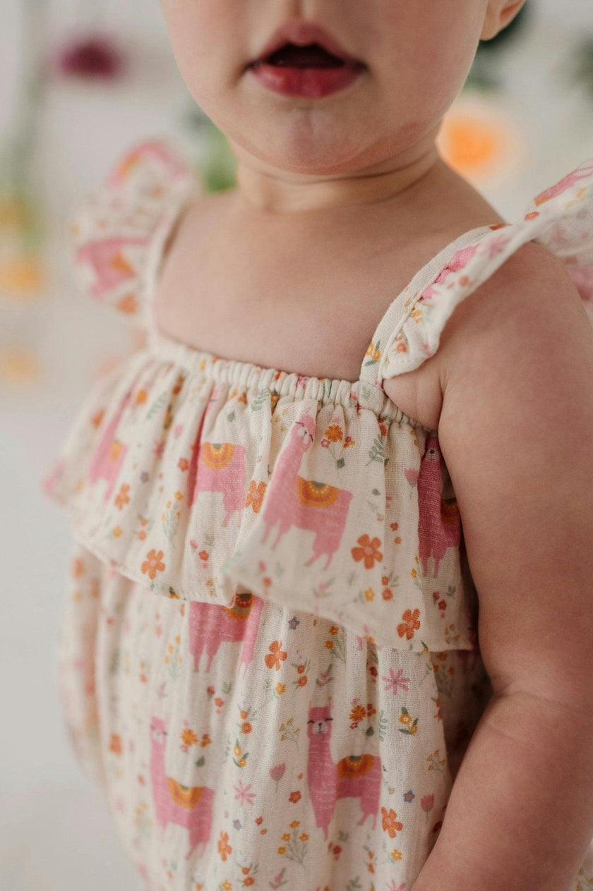Baby Girl Gauze Bubble Romper in Sketched Daisy