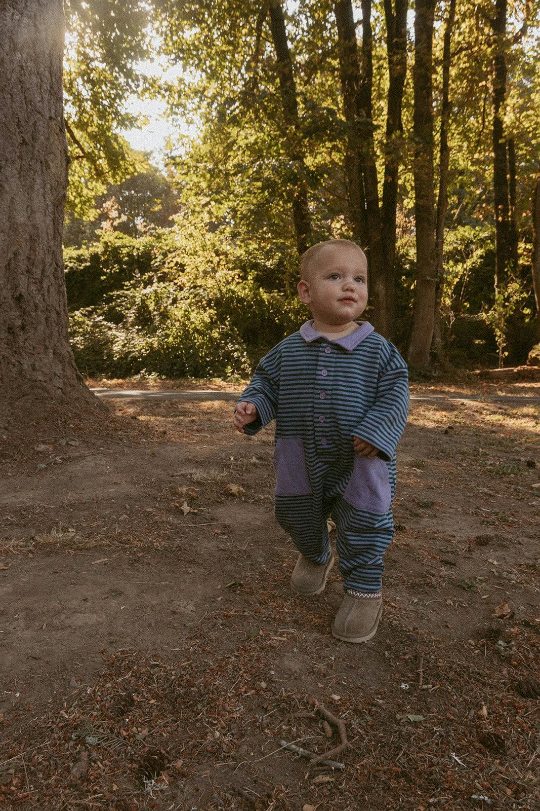 Scottie Romper in Purple Ash Stripe
