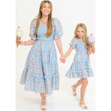 Mini Roselyn Dress in Blue Linear Floral Print