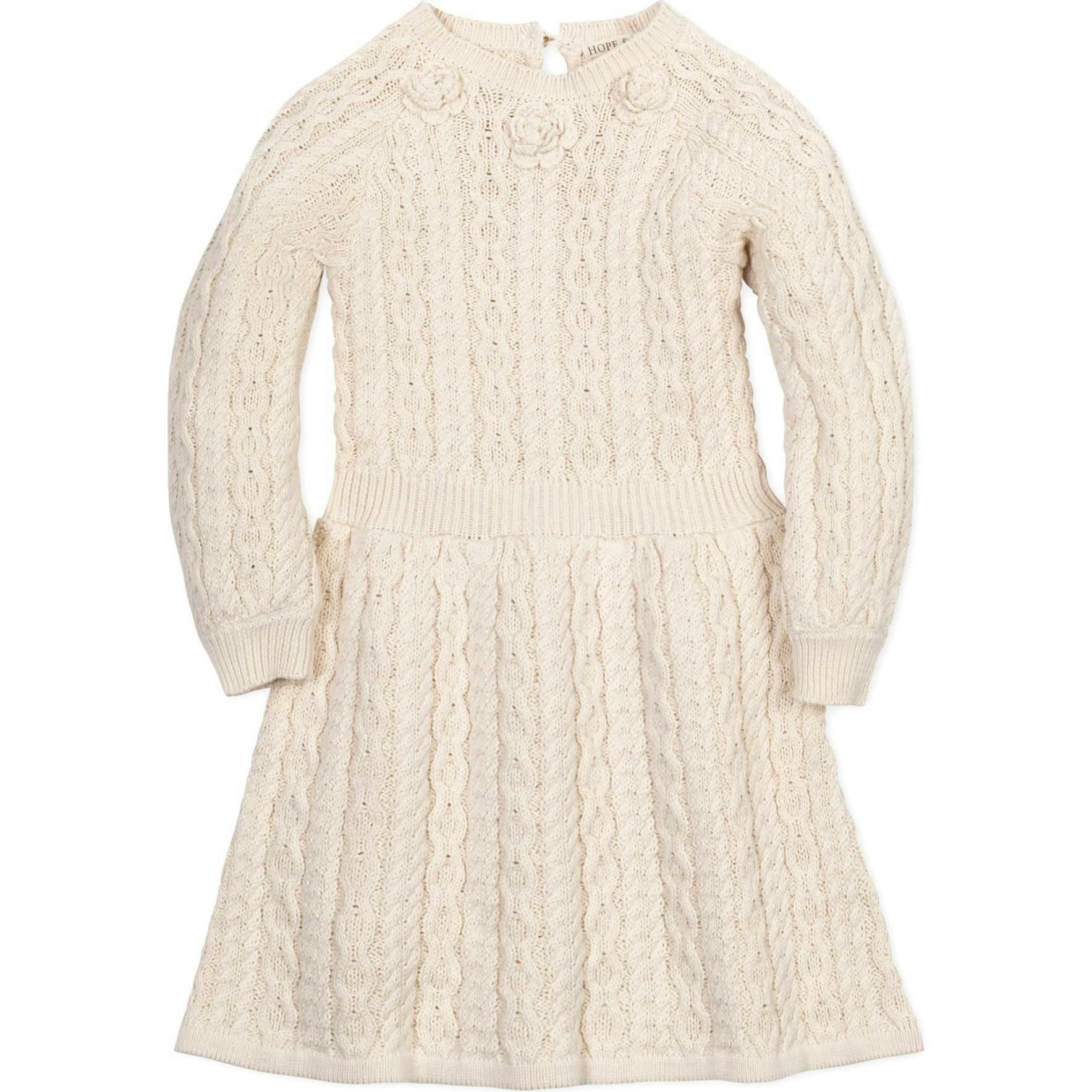 Girl's Organic Rosette Detail Cable Knit Sweater Dress, White