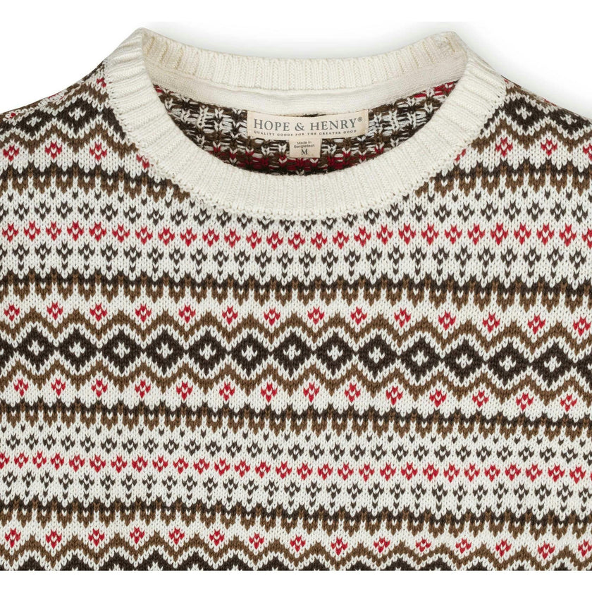 Organic Long Sleeve Intarsia Crew Neck Pullover Sweater, Brown