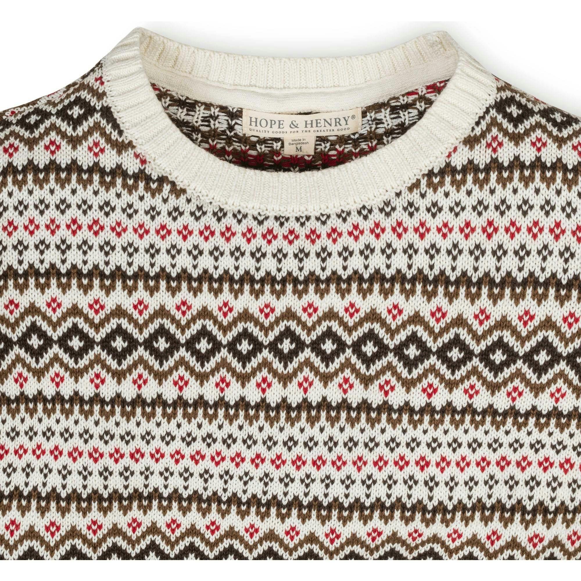 Organic Long Sleeve Intarsia Crew Neck Pullover Sweater, Brown