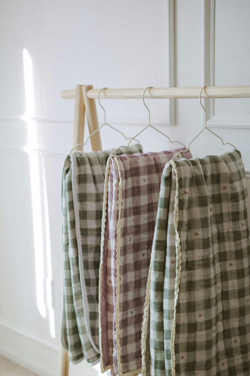 Evergreen Gingham QUILTED 6 Layer Gauze Blanket
