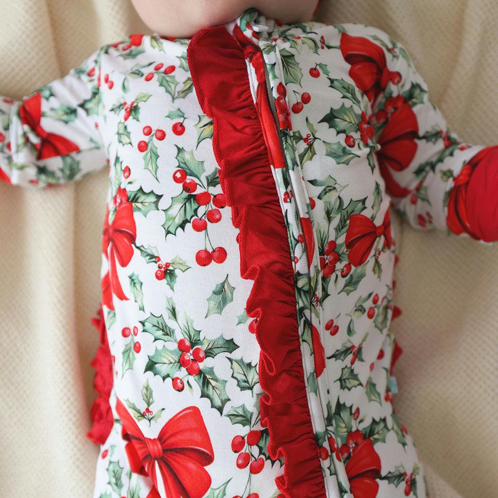 Happy Holly-days Footie Ruffled Zippered One Piece