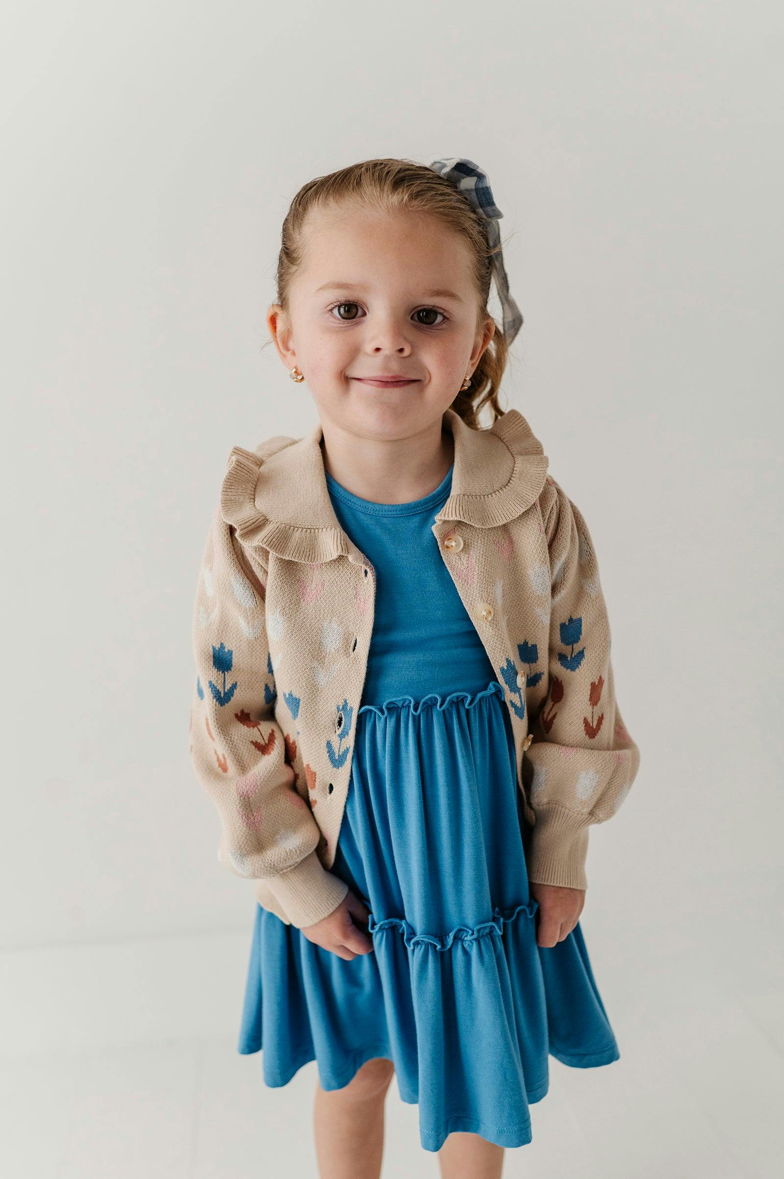 Girls Floral Knit Cardigan in Beige Tulip Intarsia