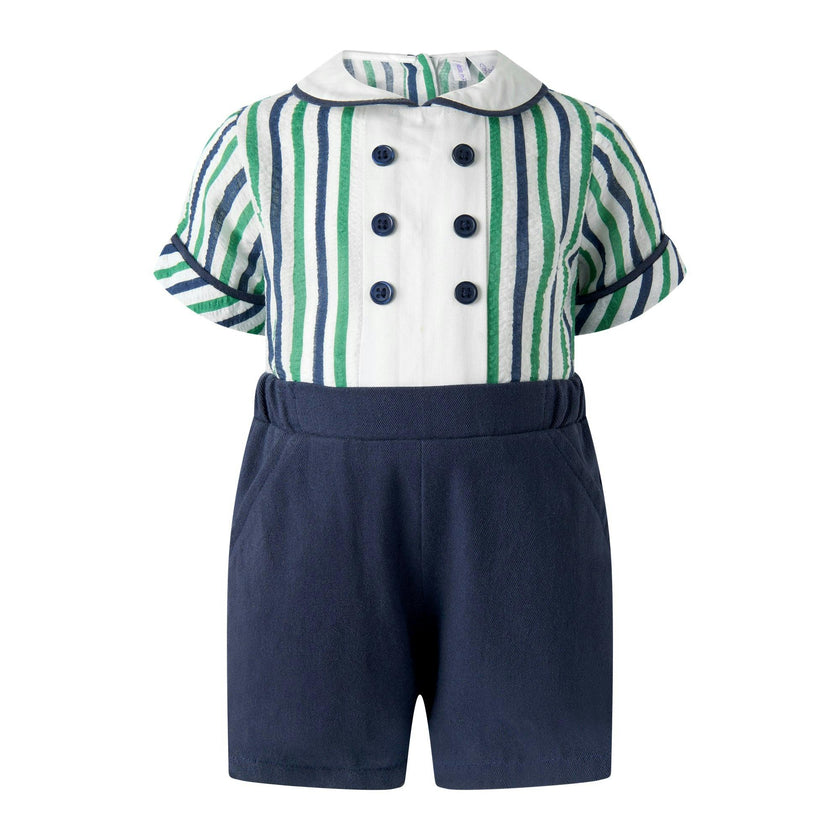Green Stripe Romper Short Set