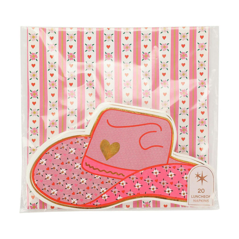 Packed Party Hey Cowgirl Die-Cut Cowboy Hat Dessert Napkins 20ct - Gold Foil Pink Hat-Shaped 3-Ply Napkins for Western Parties
