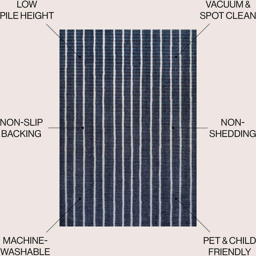Rand Distressed Ticking Stripe Machine-Washable Area Rug, Navy