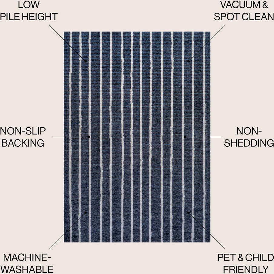 Rand Distressed Ticking Stripe Machine-Washable Area Rug, Navy