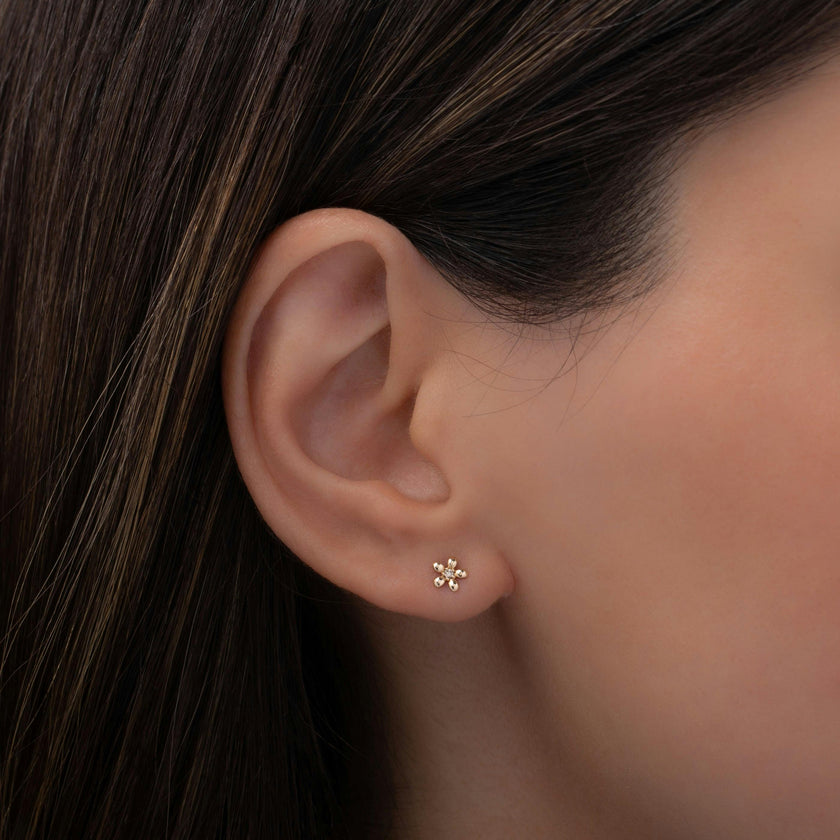 14k Gold Mini Diamond Flower Stud Earrings