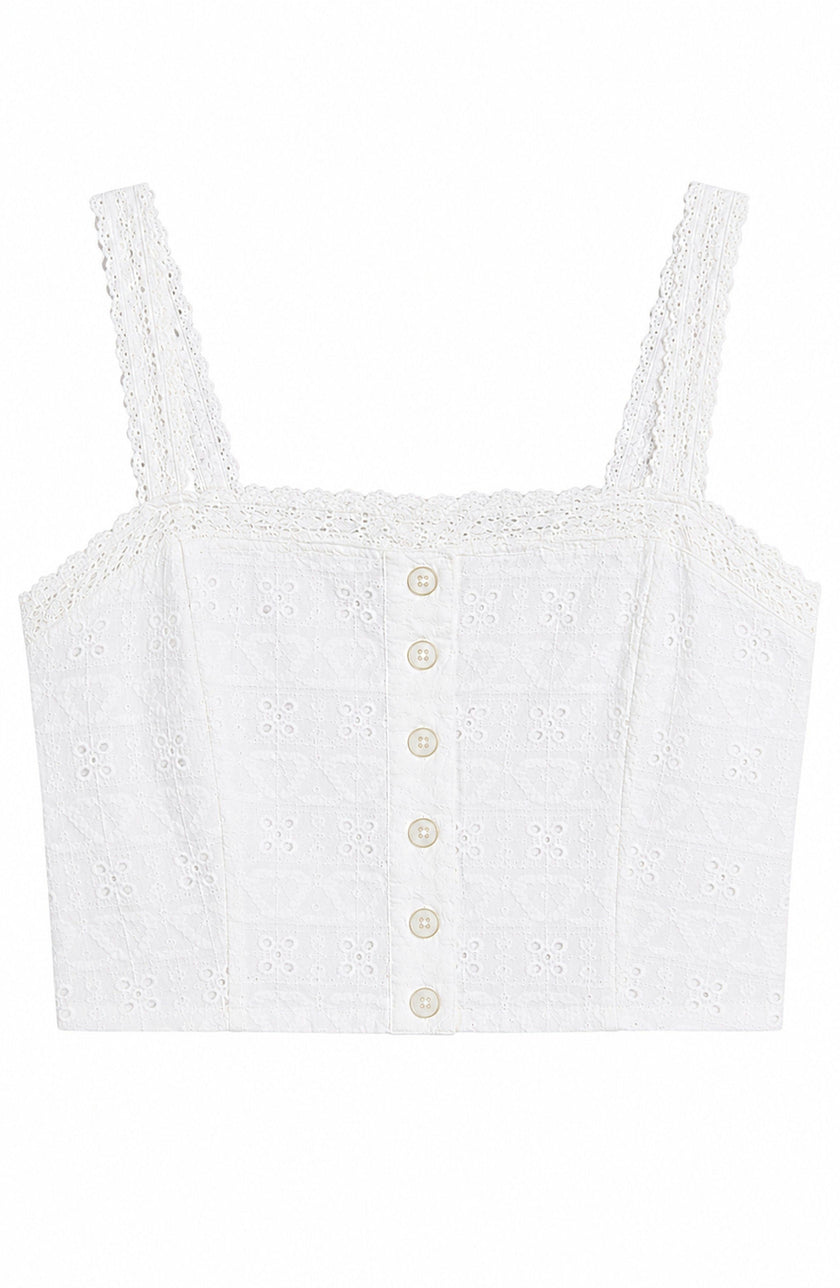 Skylar White Heart & Flower Eyelet With White Ribbon Tank Top