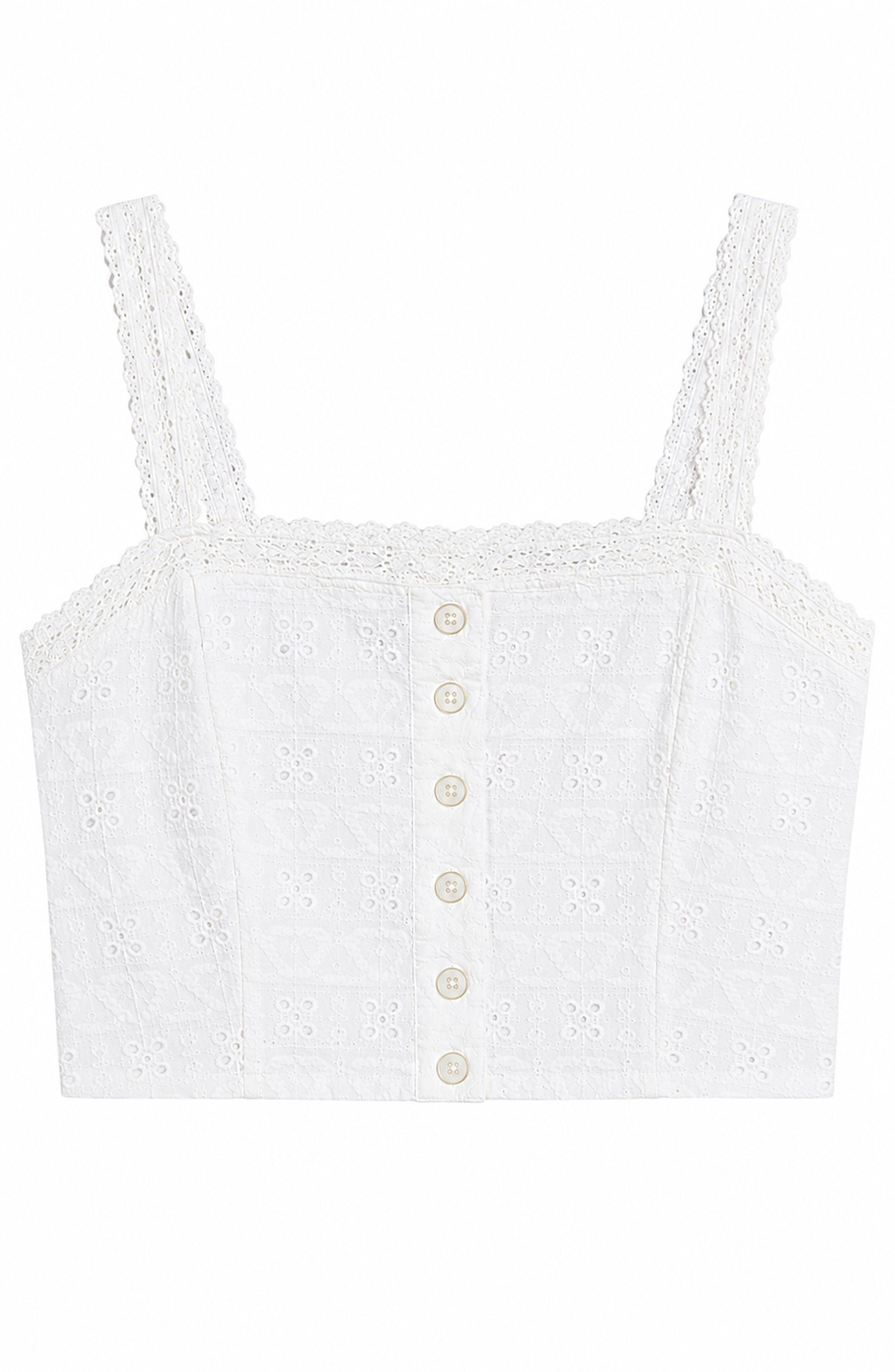 Skylar White Heart & Flower Eyelet With White Ribbon Tank Top