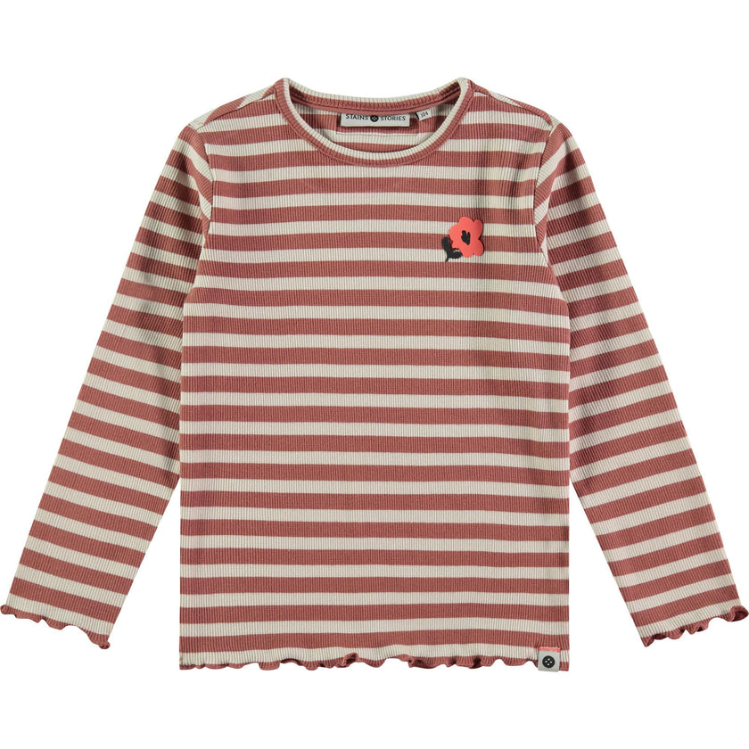 Flower Striped Long Sleeve Lettuce Hem T-Shirt