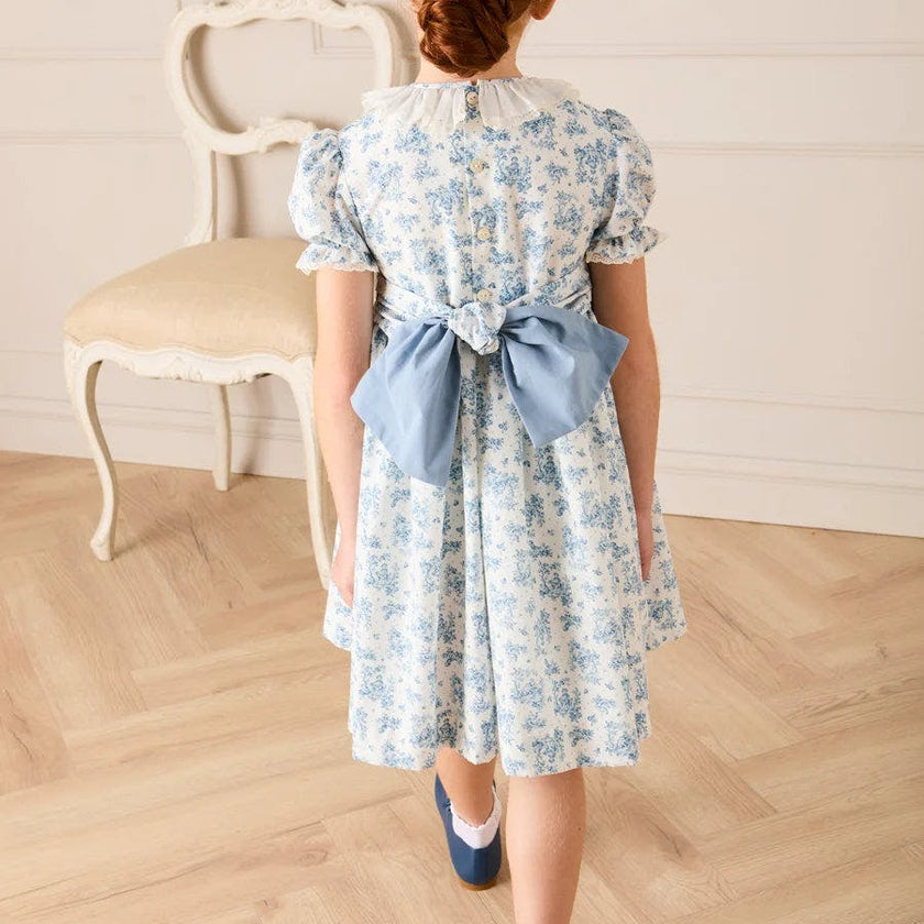 Audrey Toile Hand Smocked Ruffle Collar Short Sleeve Dress in Blue (12mths- 10yrs)