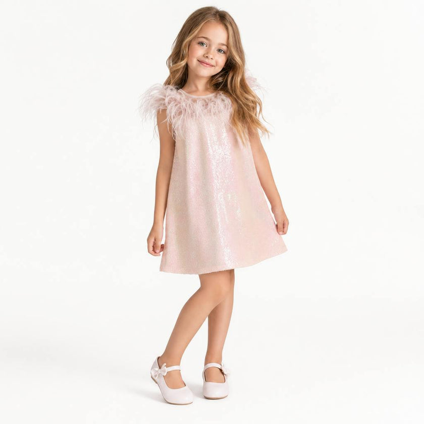 Iridescent Stardust Pink Sequin Birthday Dress for Girls