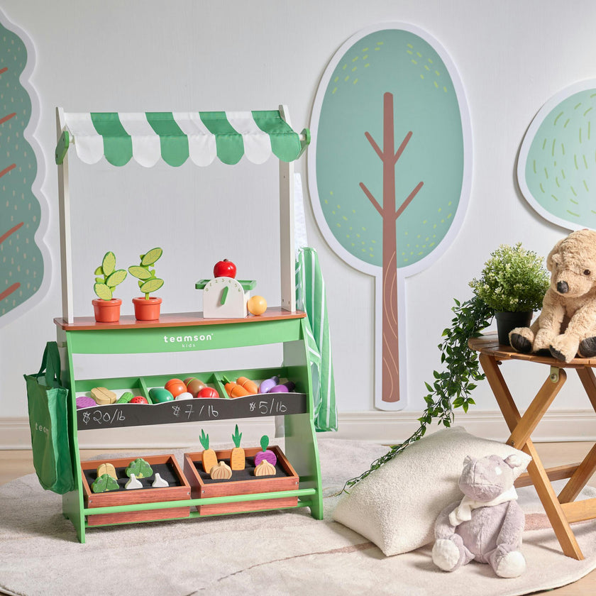 Teamson Kids Vermont Farmers Market Stand with Interactive Accessories & Vegetables