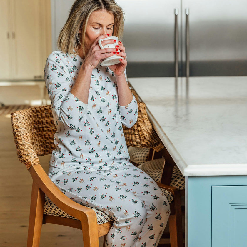 Women's Organic Henley Pajama Set with Pants [Tinsel Trees]