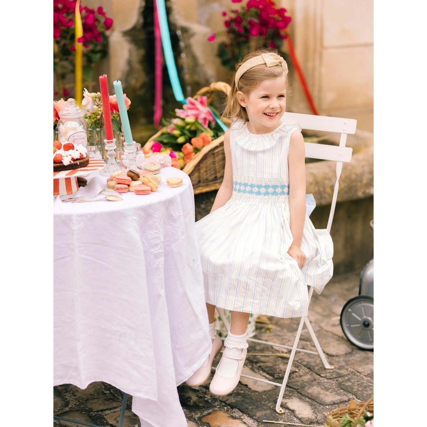 Capucine Blue Yellow Stripe Sleeveless Smocked Dress