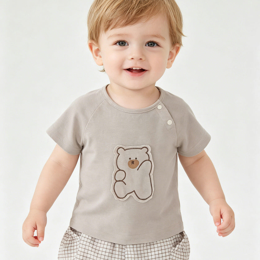 Beige Bear Shirt & Checkered Shorts Set
