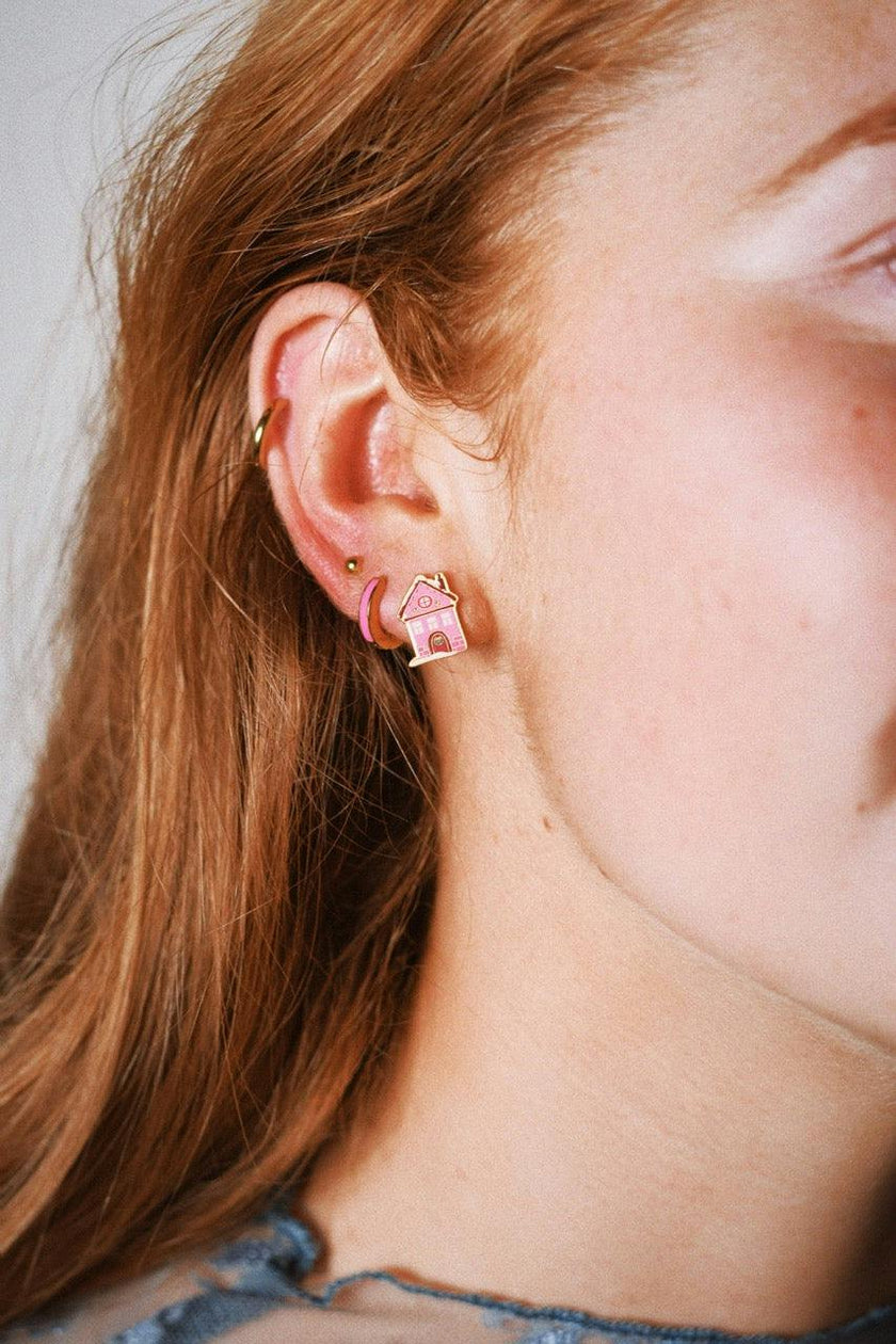Pink Holiday Village House Stud Earrings