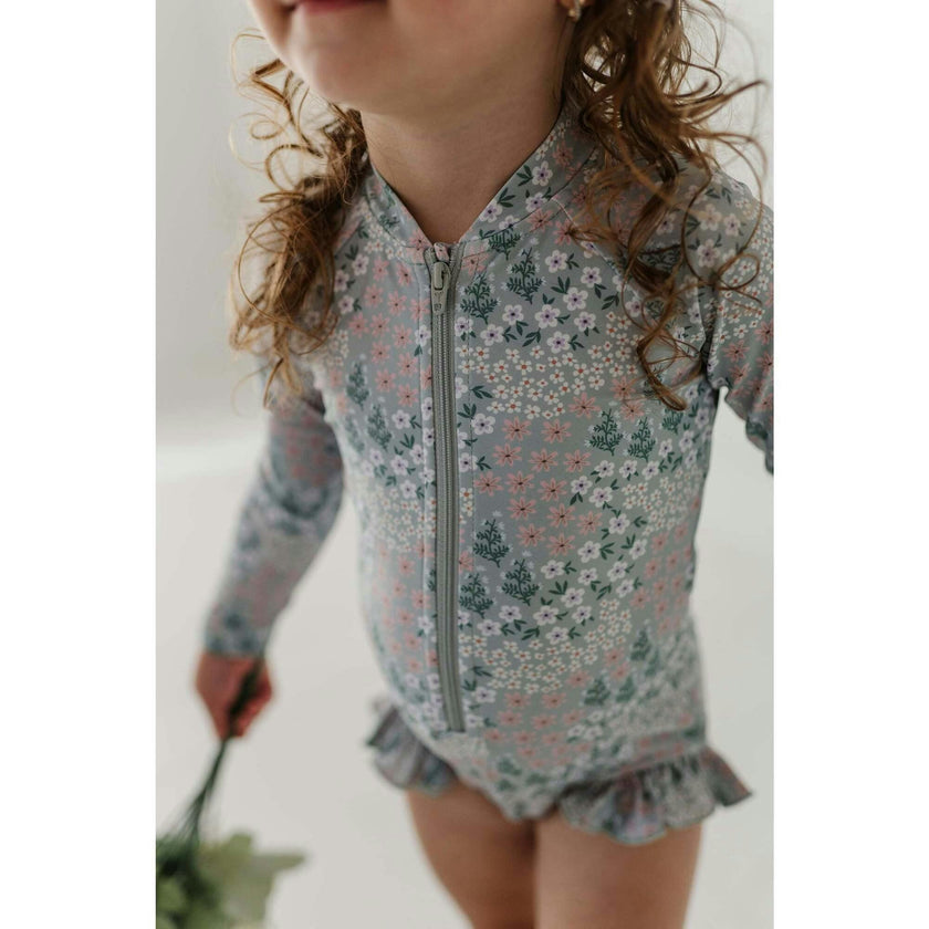 Girl's One-Piece Ruffle Rash Guard Swimsuit