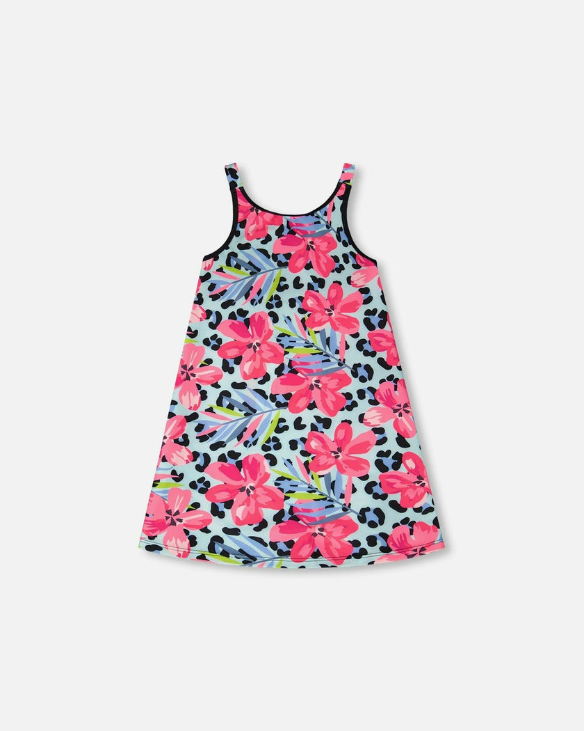 Swim Beach Dress Blue Floral And Leopard Print