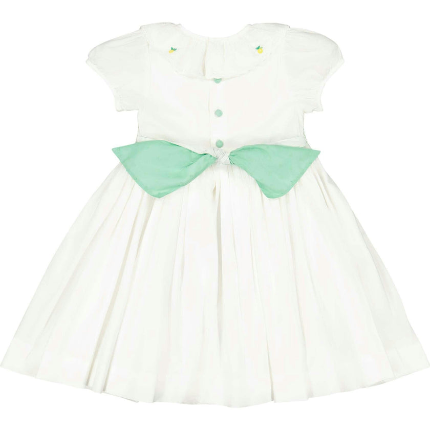 Victoria White Smocked Dress with Hand-Embroidered Lemons