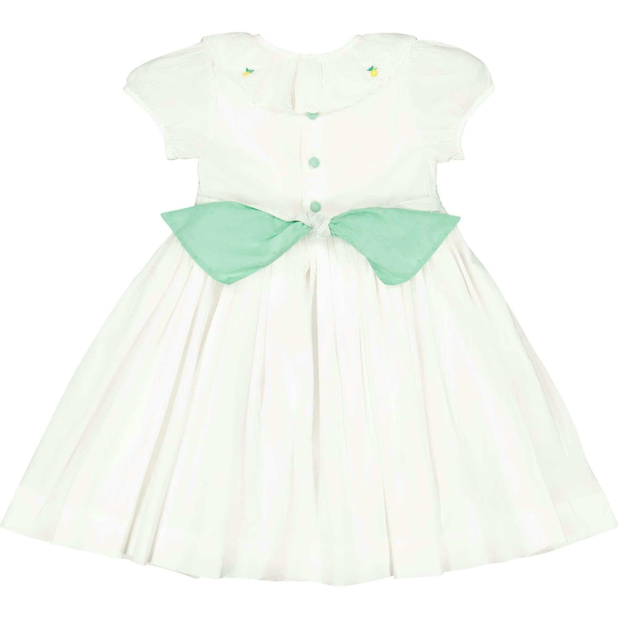 Victoria White Smocked Dress with Hand-Embroidered Lemons