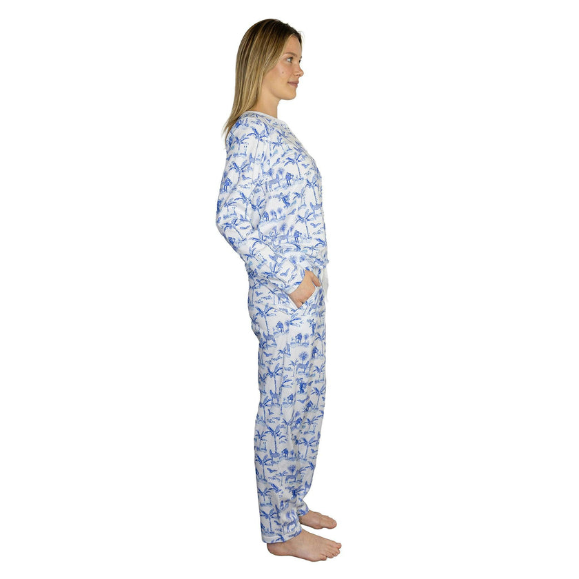 Women's Skydog Toile Blue Jersey Long PJ Set - Organic Stretch Cotton