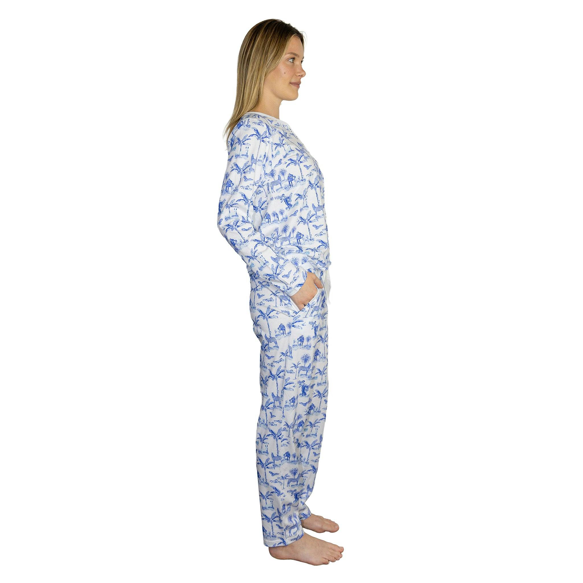 Women's Skydog Toile Blue Jersey Long PJ Set - Organic Stretch Cotton