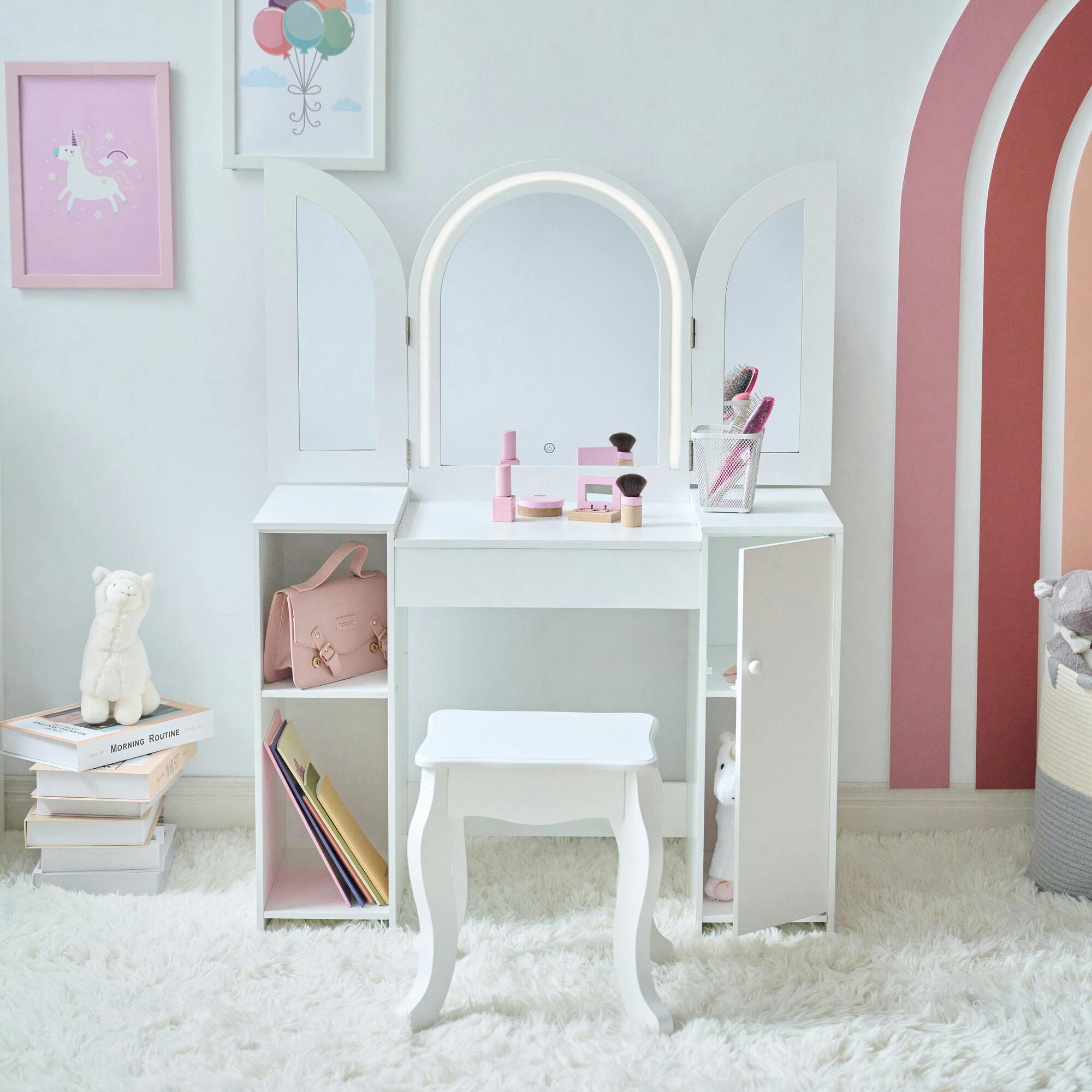 Teamson Kids Deluxe Glow Wooden Vanity Desk with LED Lights & Cork Panels