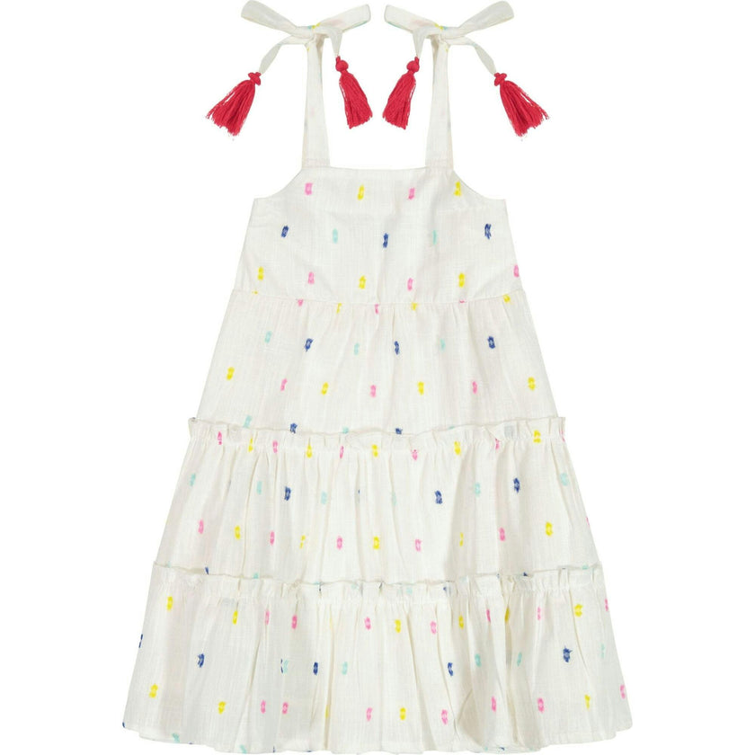 Bella Girl's Shoulder Tie Sundress Confetti Swiss Dot, White