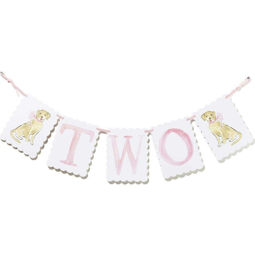 "TWO" Birthday Banner with Pink Bow/ Puppy Dog End Pieces