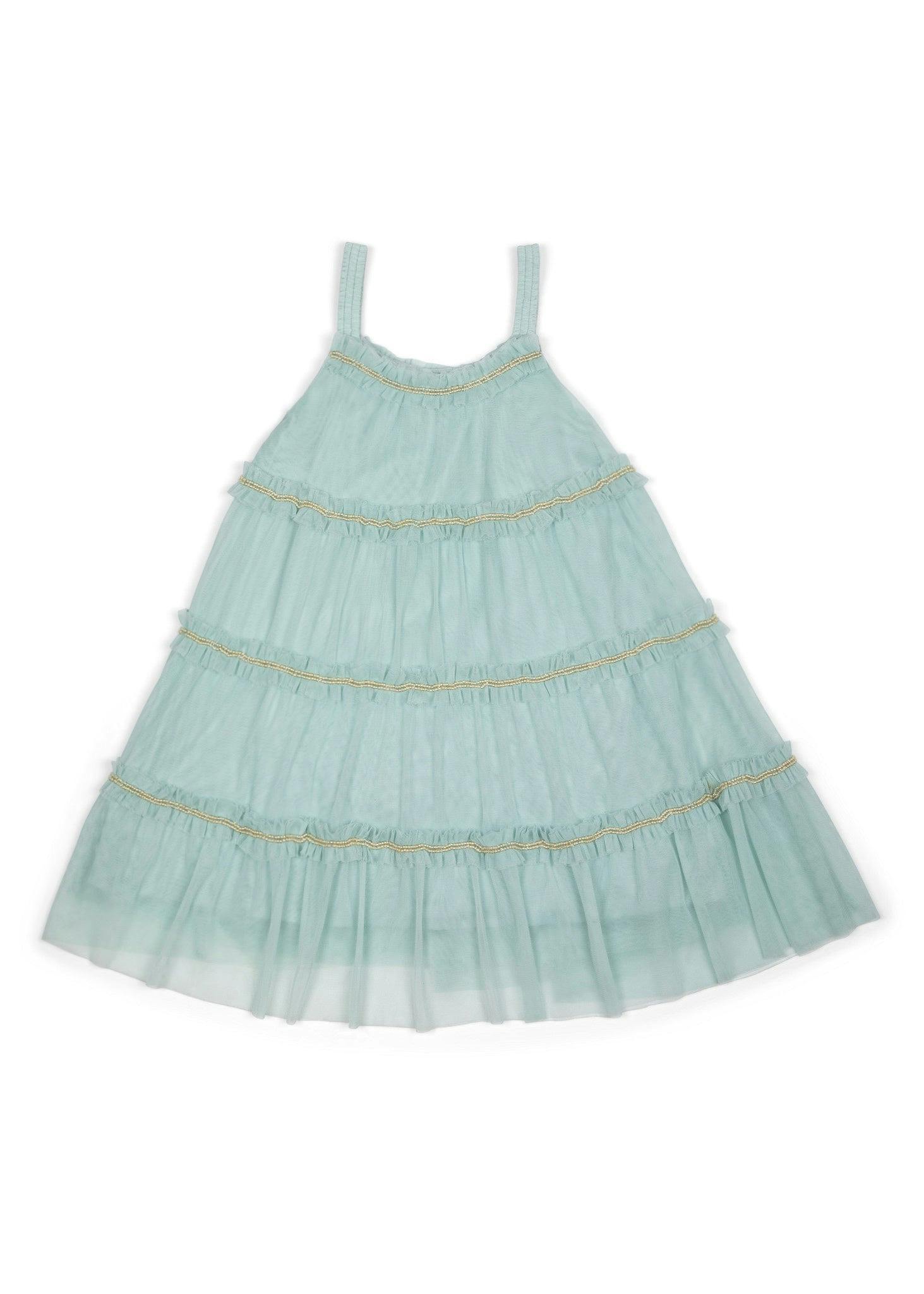 Wisteria | Embellished Tulle Frill Dress | Cyan