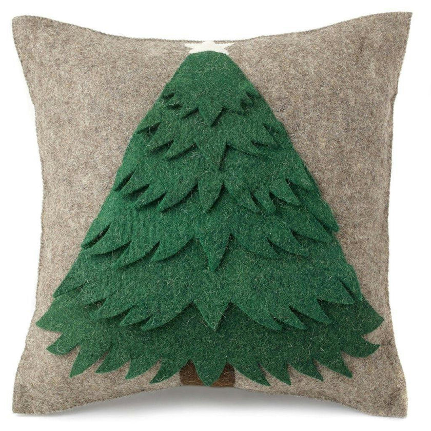 Handmade Christmas Pillow Hand Felted Wool - Green Tree Gray - 20" Arcadia Home