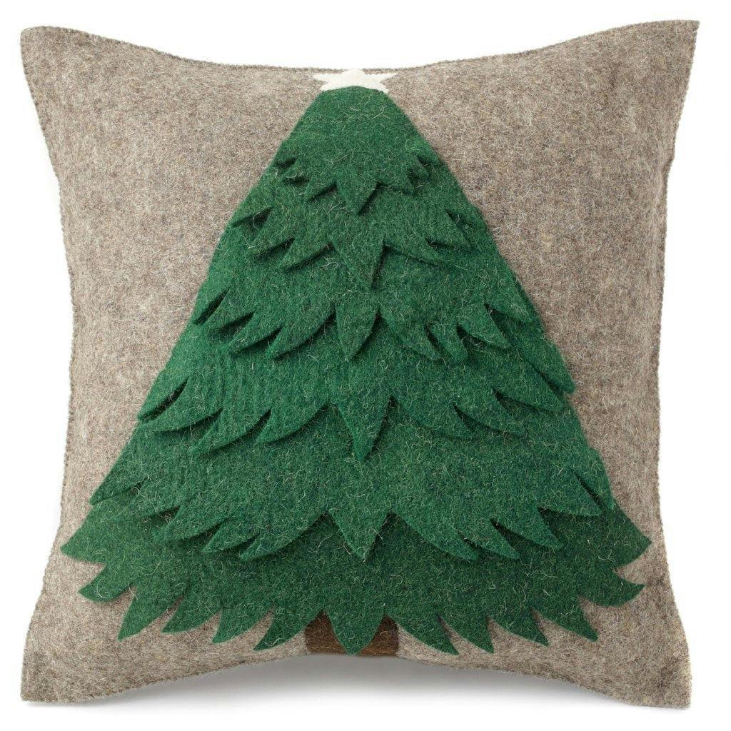 Handmade Christmas Pillow Hand Felted Wool - Green Tree Gray - 20
