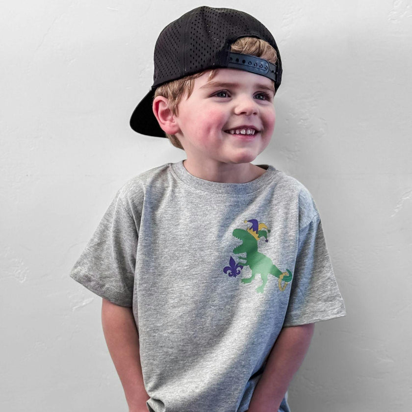 Mardi Gras Party Dino Short Sleeve T-Shirt - Gray