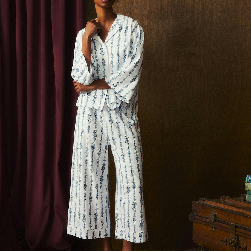 The Olivia Wide Leg Pima Pajama Set in Navy Mayfair Toile