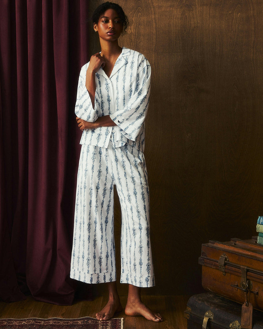 The Olivia Wide Leg Pima Pajama Set in Navy Mayfair Toile