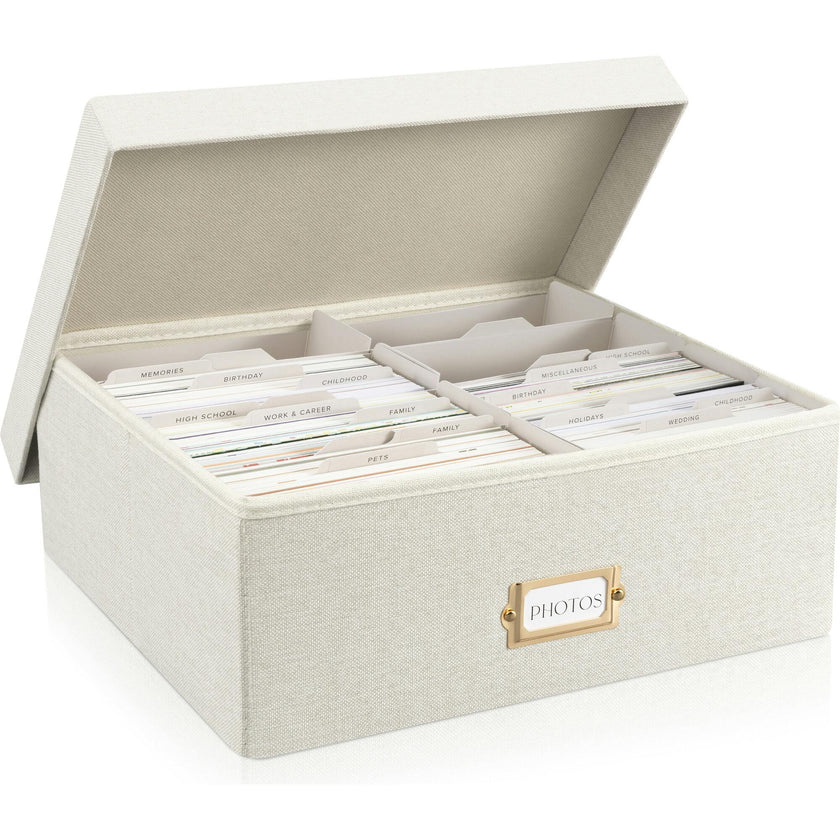 Decorative Photo Storage Box - Sturdy Linen Photo Organizer with Dividers - Stores Up to 850 4x6 Photos - Portable Scrapbook Storage Container with Lid