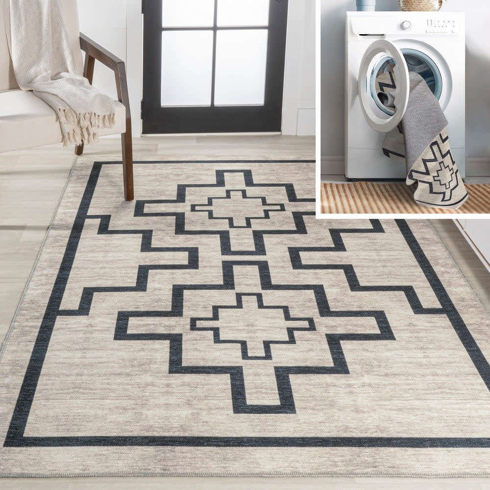 Ashkii Minimalist Medallion Machine-Washable Area Rug, White