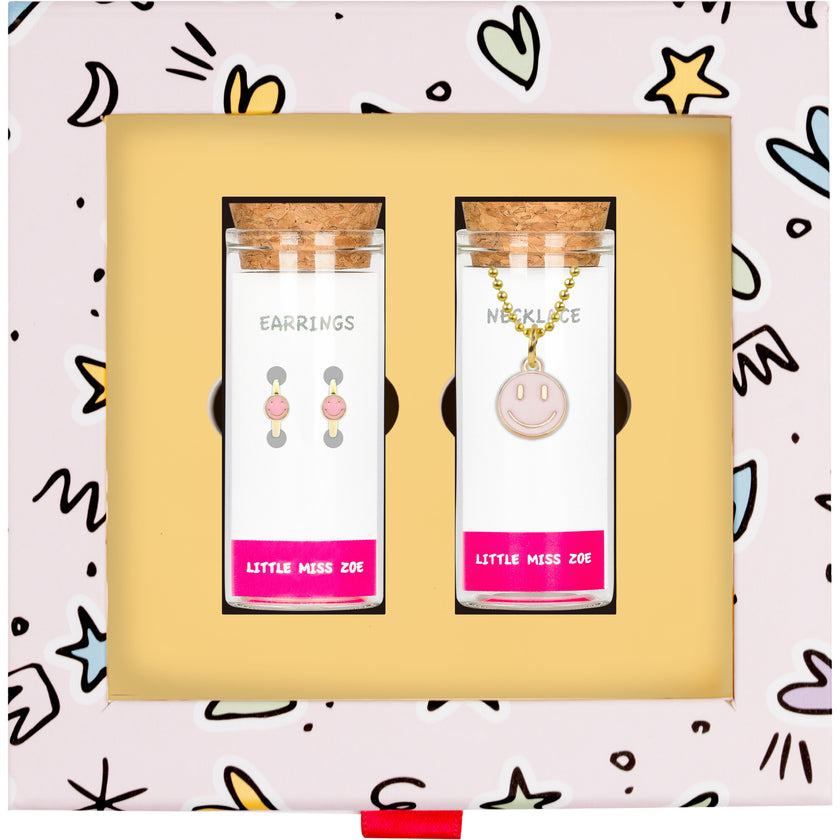 Pink Smiley Necklace and Earrings Gift Set