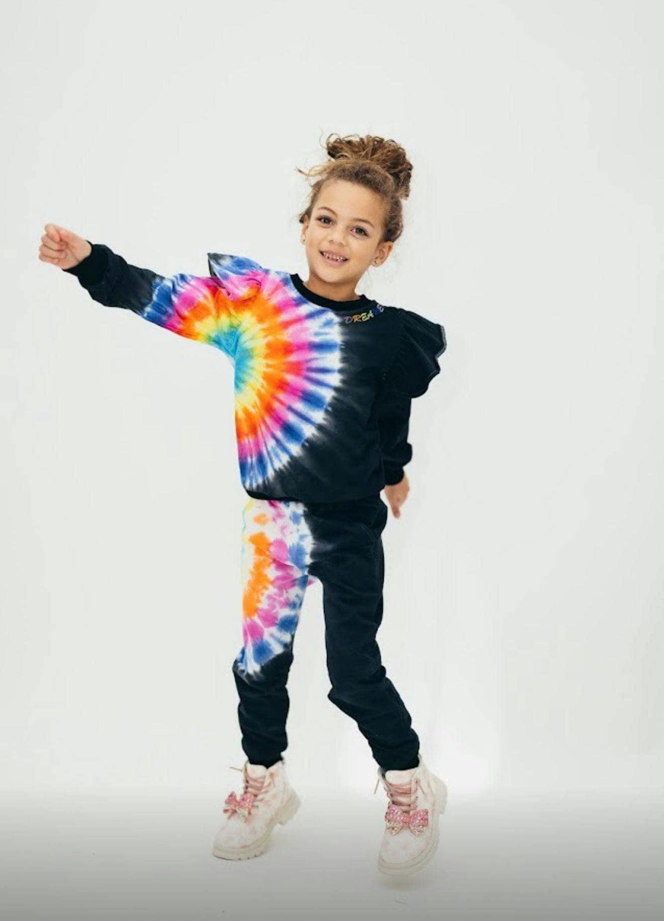 Rainbow Tie-Dye Ruffle Sweatshirt And Pant Set