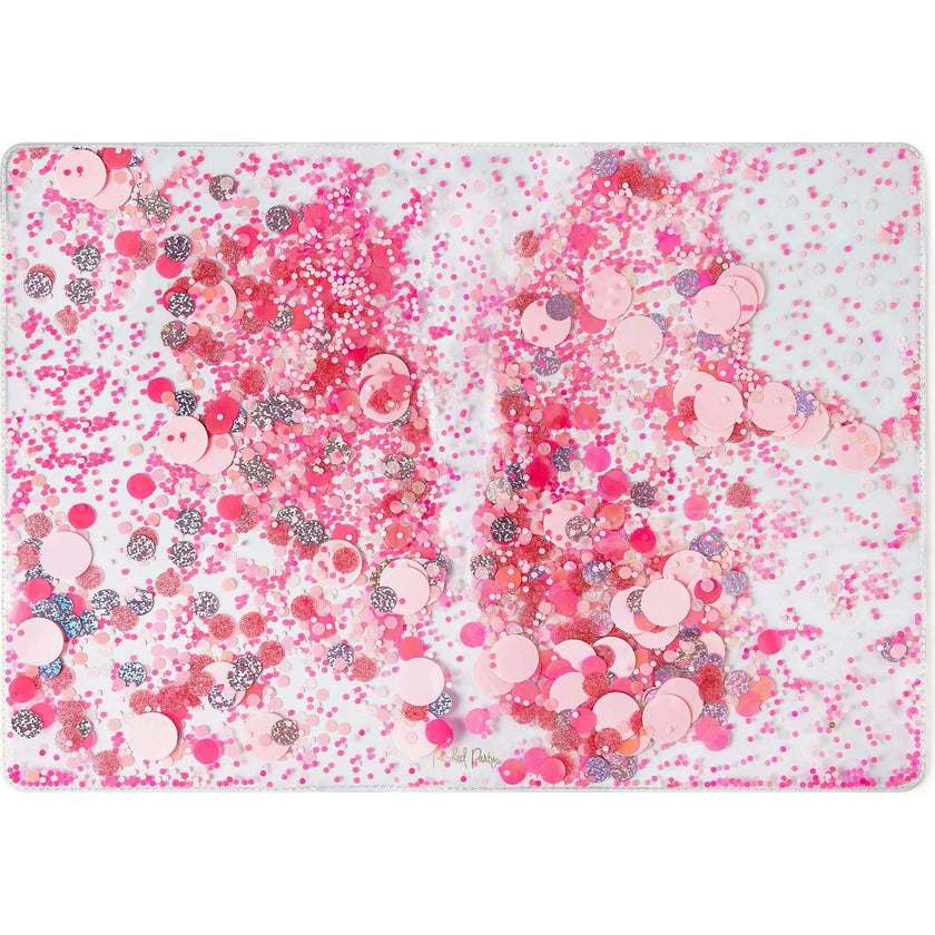 Packed Party Work Party Confetti Multi-Use Desk Mat - 13x18 Inch Clear Vinyl Pink Confetti Desk Mat with Gold Foil Detail for Desks and Keyboards