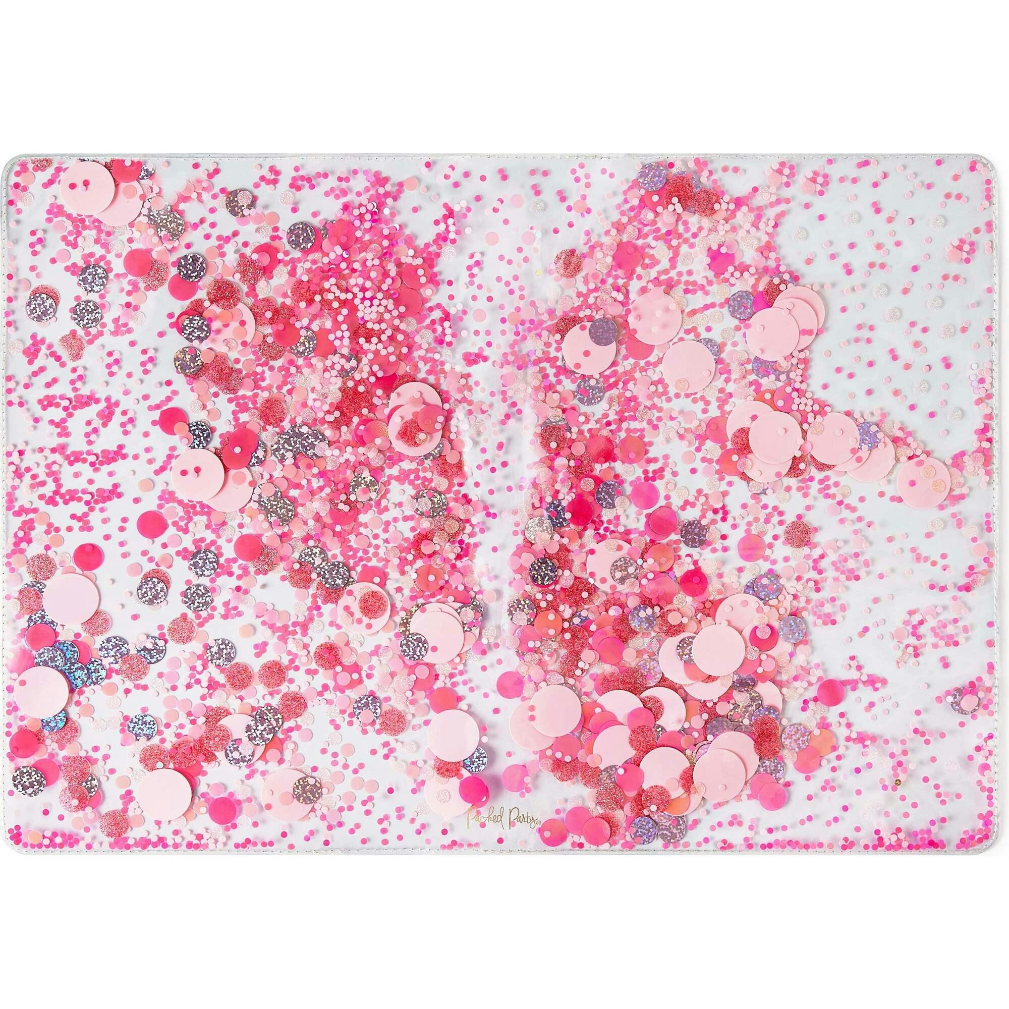 Packed Party Work Party Confetti Multi-Use Desk Mat - 13x18 Inch Clear Vinyl Pink Confetti Desk Mat with Gold Foil Detail for Desks and Keyboards